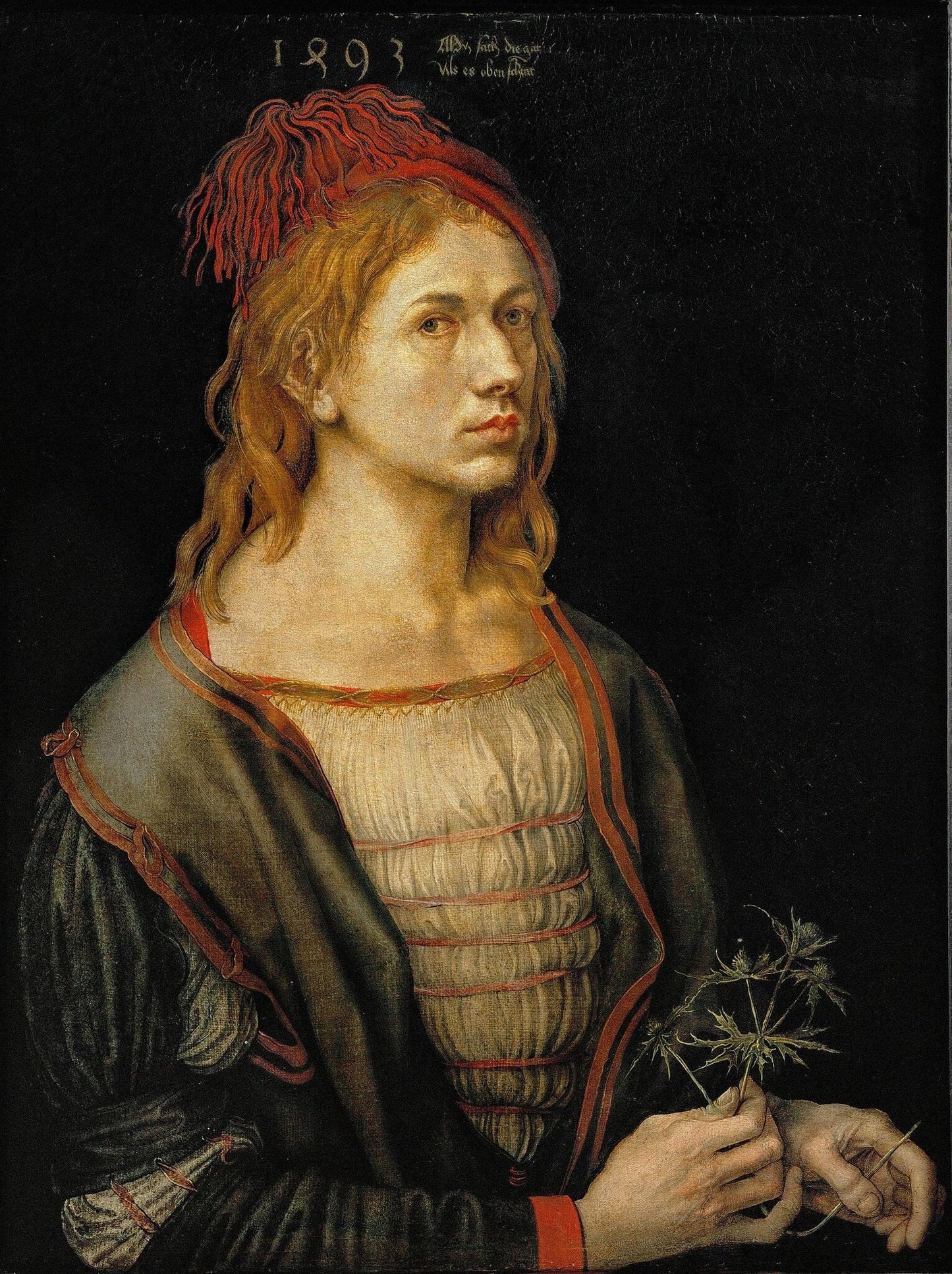 Portrait of the Artist Holding a Thistle 1493 by Albrecht Durer